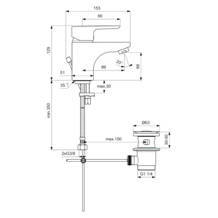 Смеситель для раковины Ideal Standard Ceraplan III B0700AA со сливным гарнитуром, хром